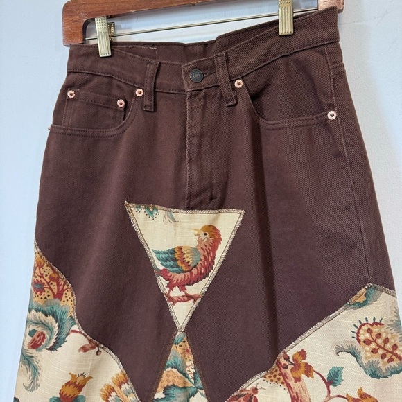 Vintage Jordache Maxi Skirt Brown Denim Patchwork Tapestry Bird 80s Womens Small - Picture 2 of 9